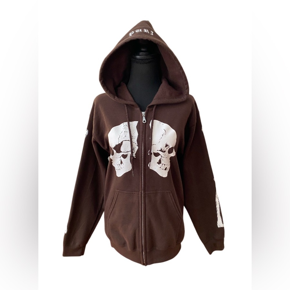 Pur3: Brown Twin Cranium Zip Up Sweatshirt Hoodie with Bones on Sleeves
